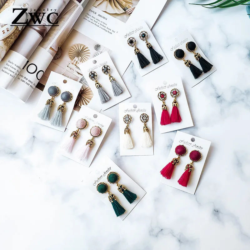 

ZWC Fashion Vintage Velvet Ball Tassel Earrings for Women Girl Party Elegant Bohemia Ethnic Crystal Drop Earring Gift Wholesale