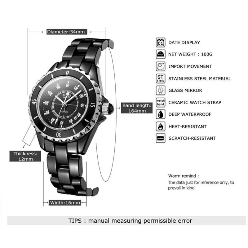 Часы женские Кварцевые водонепроницаемые с керамическим браслетом и календарем