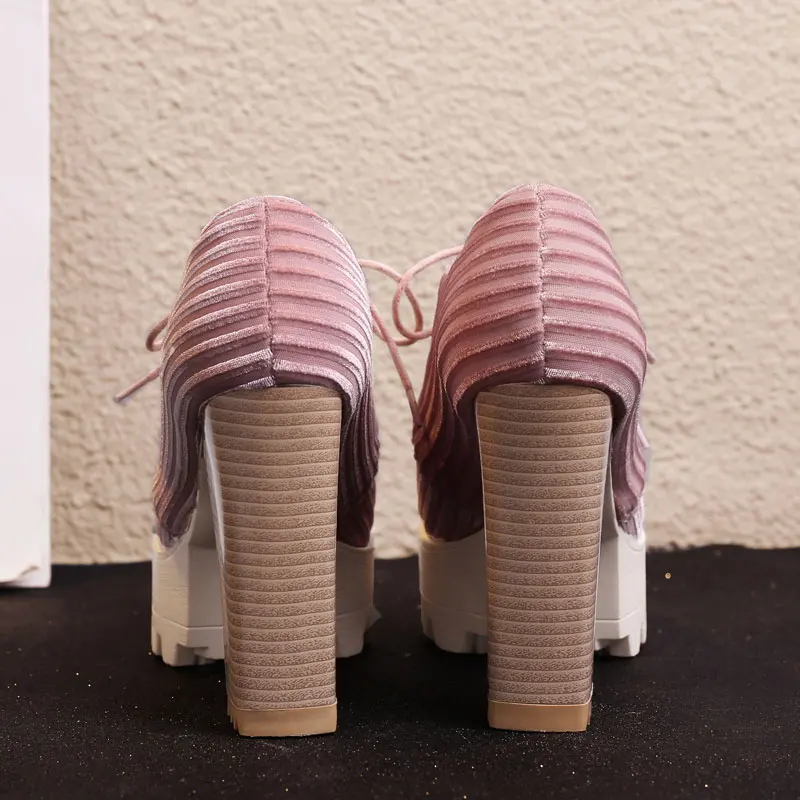 

Fanyuan Fashion Striped Square High heels Lace-Up Non-slip women shoes Spring/Autumn Cross-tied Platform pumps Chaussures femme