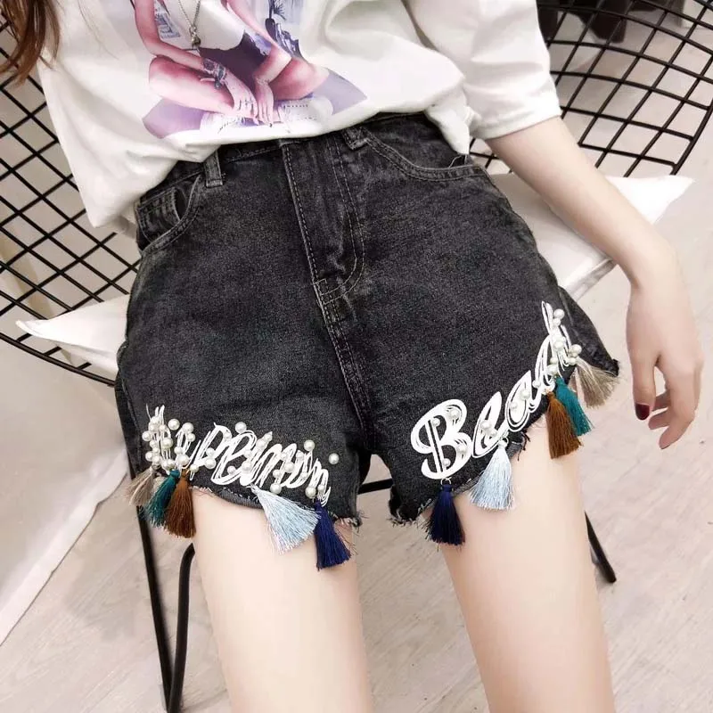 Harajuku женские короткие feminino джинсы с завышенной талией бисером Шорты Большие
