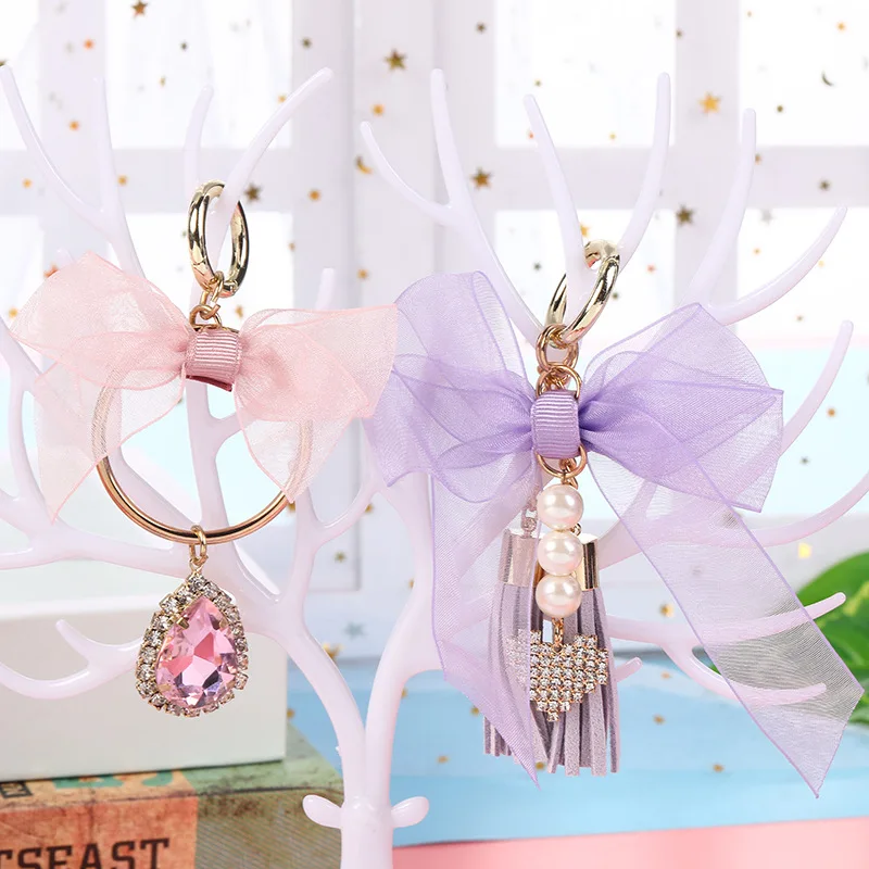 New Crystal bowknot Keychain Woman Tassel pearl Key Chain Bow Ring Women Bag Car Pendant Jewelry Gifts trinket | Украшения и