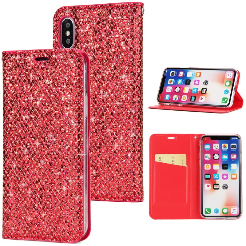 Red Магнитный Блестящий флип-кошелек, чехол для телефона для iPhone X, 7, 7 Plus, 8, 8 Plus, 6, 6 plus, 6 S, s Plus, кожаный держатель для карт, полный Чехол - Цвет: Red