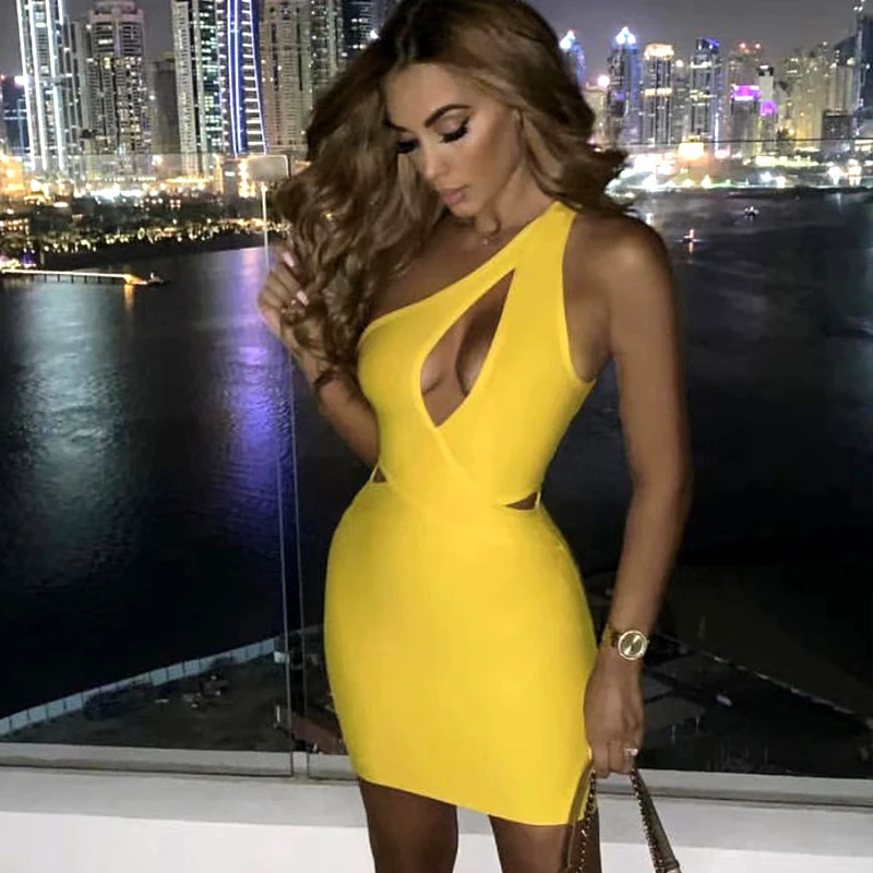 

Yellow Color Ladies HL Bandage Dress One Shoulder Sexy Bodycon Mini Dress Rayon Fashion Club Night Dress