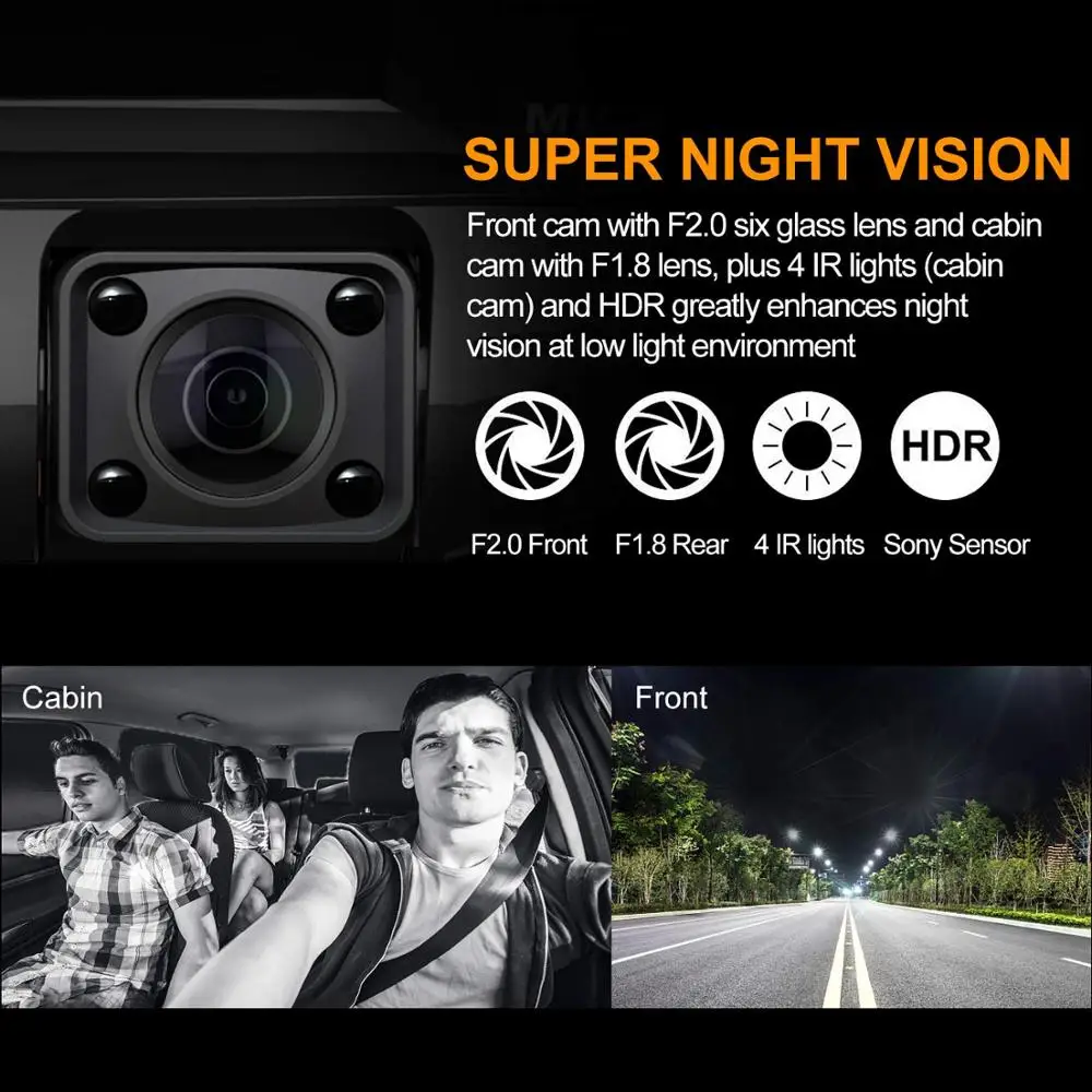 Pruveeo C2 Dash Cam с инфракрасным ночным видением 4K двойной 1080P фронтальная и внутренняя