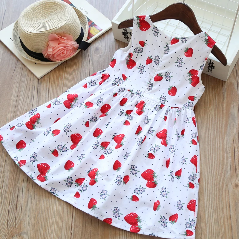 Летнее платье для девочек белые хлопковые детские платья с принтом клубники