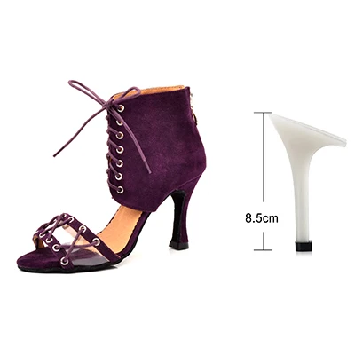 Purple 8.5cm Ladingwu/модные ботинки для латинских танцев; женская обувь для сальсы; Танцевальная обувь с мягкой подошвой; Обувь для бальных танцев; замшевая и полиэфирная обувь - Color: Purple 8.5cm