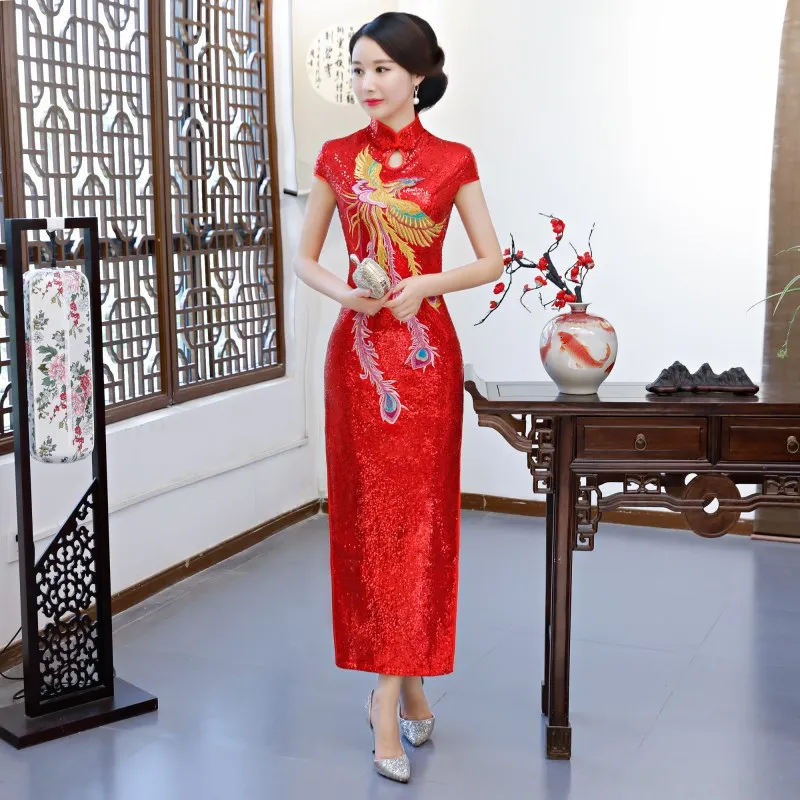 

Red Womens Summer Long Cheongsam Vintage Chinese style Mandarin Collar Qipao Mesh Sequined Slim Party Dress Vestido S-4XL