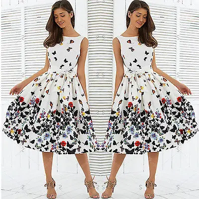 

Women Vintage Retro Clothes Sleeveless Chiffon Butterfly print Dresses Party Beach Dress Belt Women Clothing Plus size L XL XXL