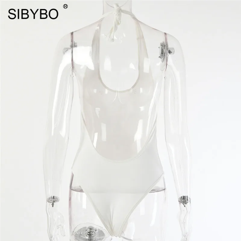 Sibybo, Холтер, открытая спина, летнее Женское боди без рукавов, v-образный вырез, обтягивающий сексуальный комбинезон, женская пляжная одежда, повседневный боди, топы для девушек
