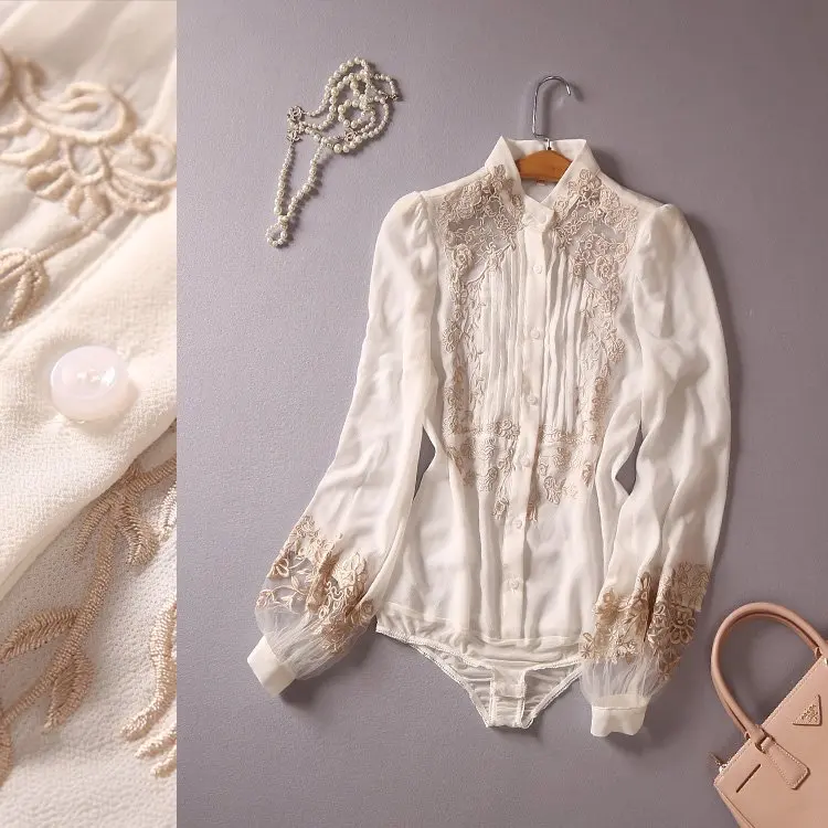 Весна осень 2017 Кружевные блузы с вышивкой женские модные элегантные винтажные