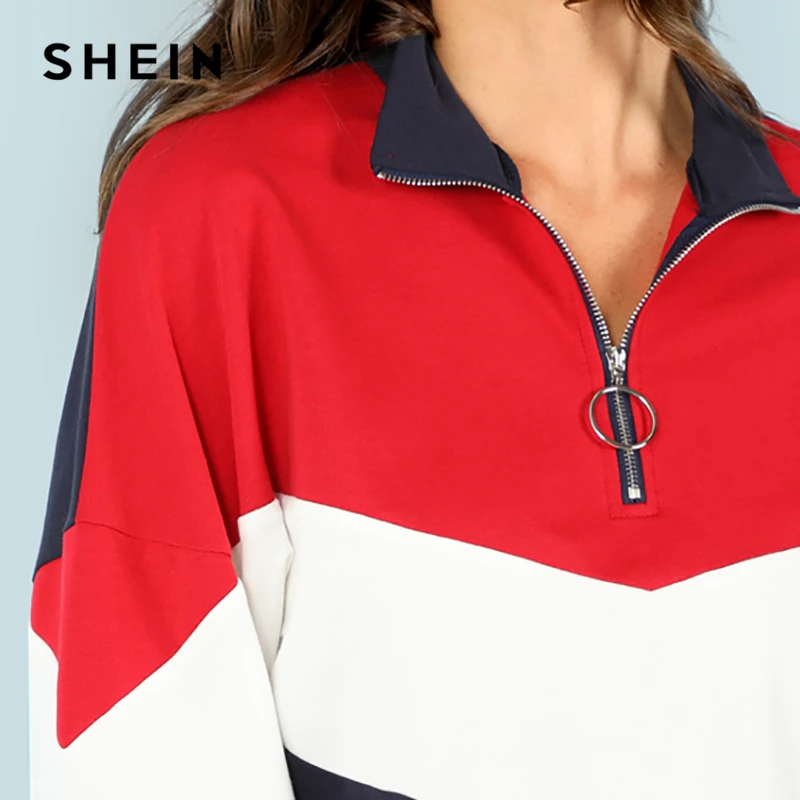SHEIN многоцветный минималистичный свитер с круглым вырезом и молнией спереди, с вырезом-стойкой, с рукавом реглан, Осенний Женский Повседневный пуловер