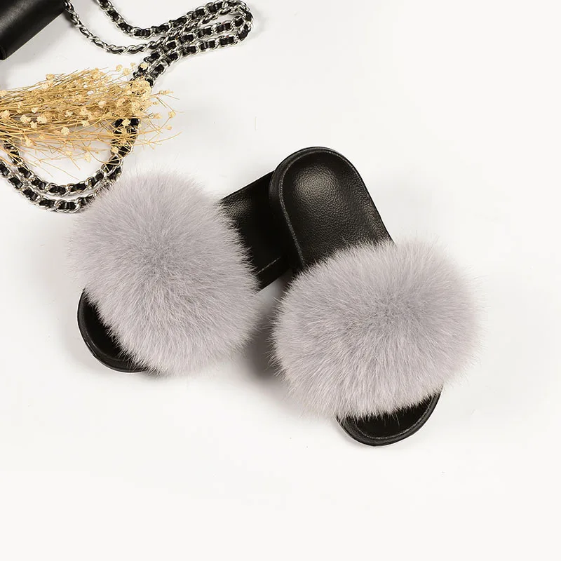 Сланцы женские с натуральным мехом енота шлепанцы сандалии пушистые тапочки