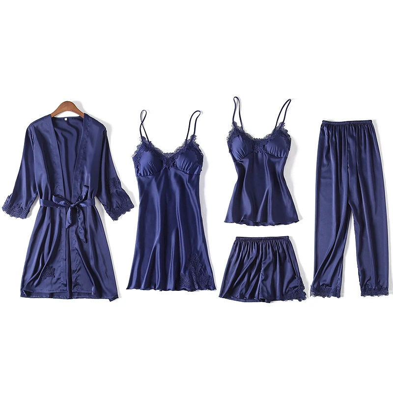 5PC Navy Blue Женские пижамы, 4 шт. и 5 шт., атласная пижама, шелковая Домашняя одежда, вышивка, Пижама для сна, для отдыха, пижама с подушками на груди, пижамный комплект - Цвет: 5PC Navy Blue