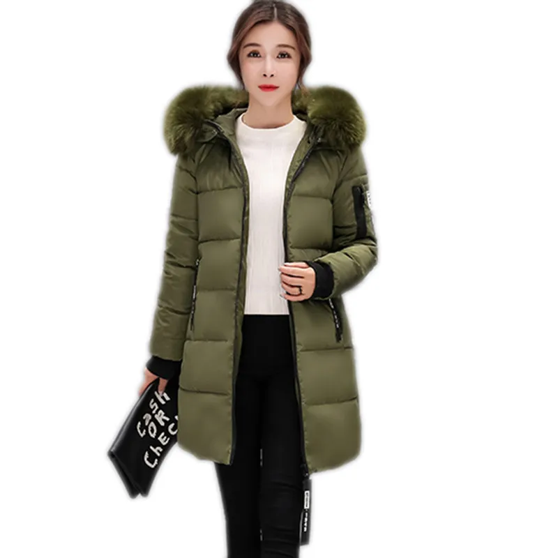 

Зимняя женская верхняя одежда, новинка 2018, плотное женское хлопковое пальто средней длины с капюшоном и меховым воротником, большие размеры...