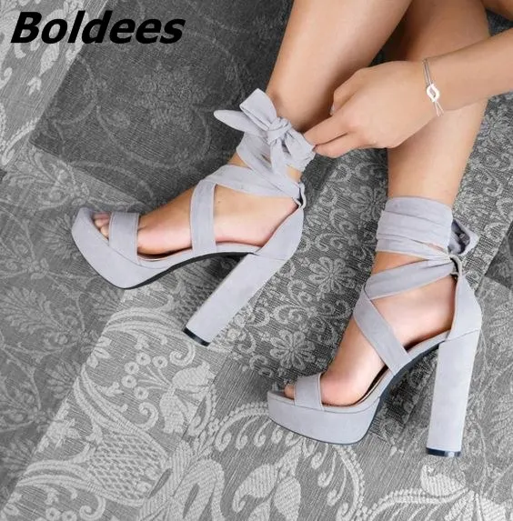 

Trendy Strappy Block Heel Platform Sandals Women Classy Open Toe Ankle Lace Up Heels Comfy Wear Chunky Heel Dress Shoes