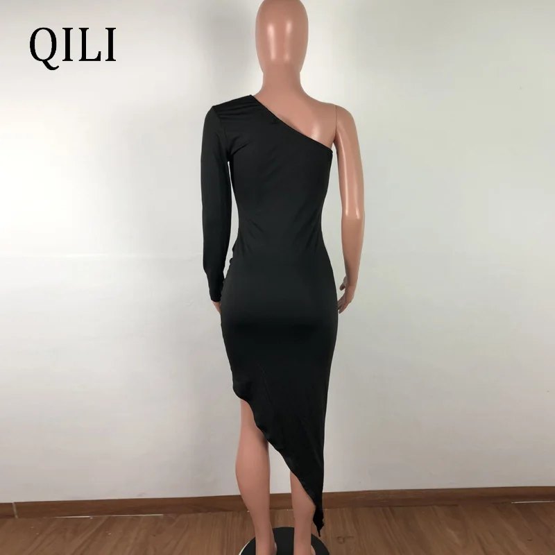 QILI женское платье на одно плечо с длинным рукавом сексуальные асимметричные