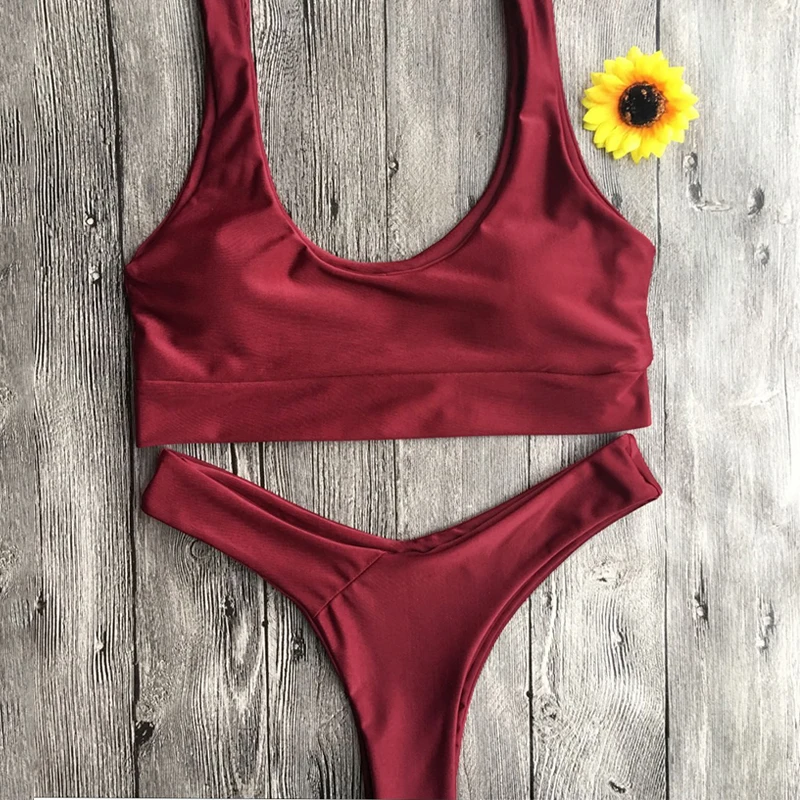

Red Brazilian Bikinis Set Two Piece Swimsuits For Women Maillot De Bain Femme Swimwear Solid Bathing Suits Sport Biquinis