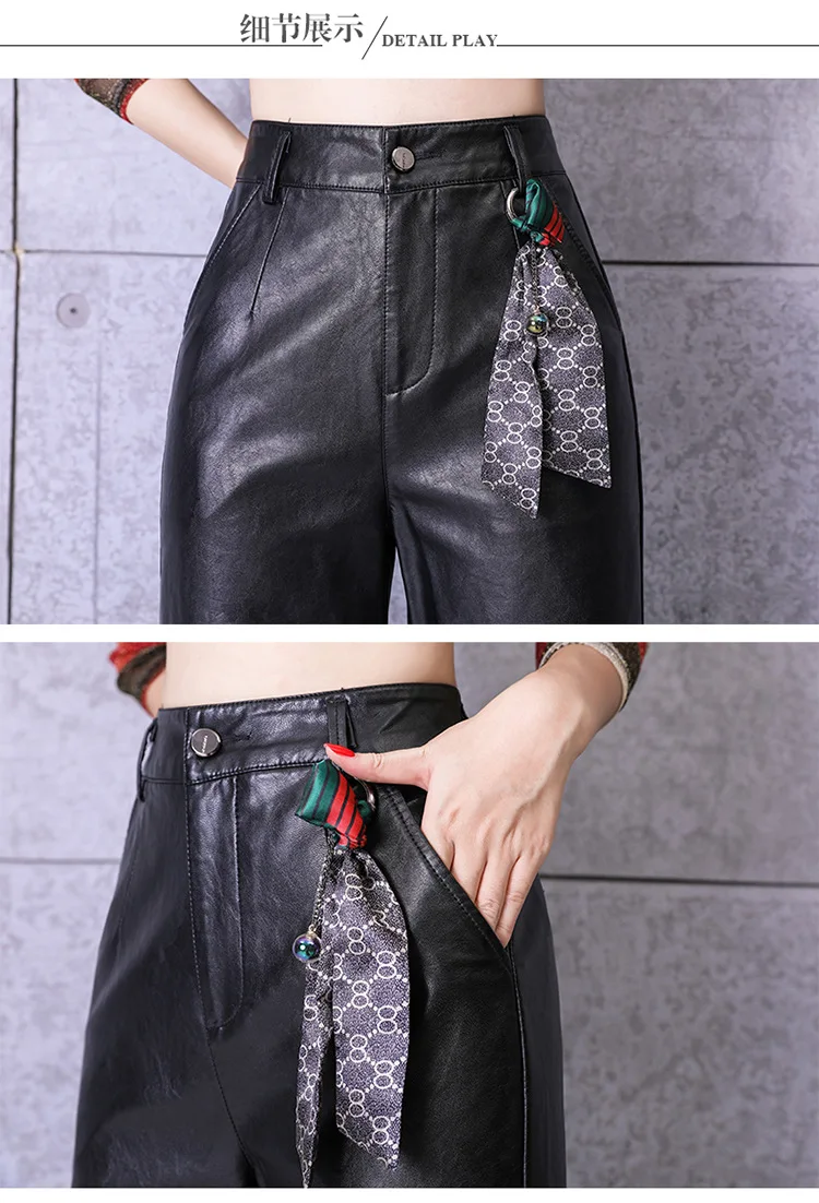 

S- 3XL Plus Size female trousers high waist warm velvet filling motorcycle PU leather Pants female wide leg leather pants wq662