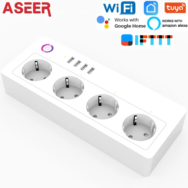ASEER EU Smart Wifi Power Strip 16A,4 USB Port Surge Protector Multiple Power Sockets 3450W,Work with Alexa Google Home IFTTT