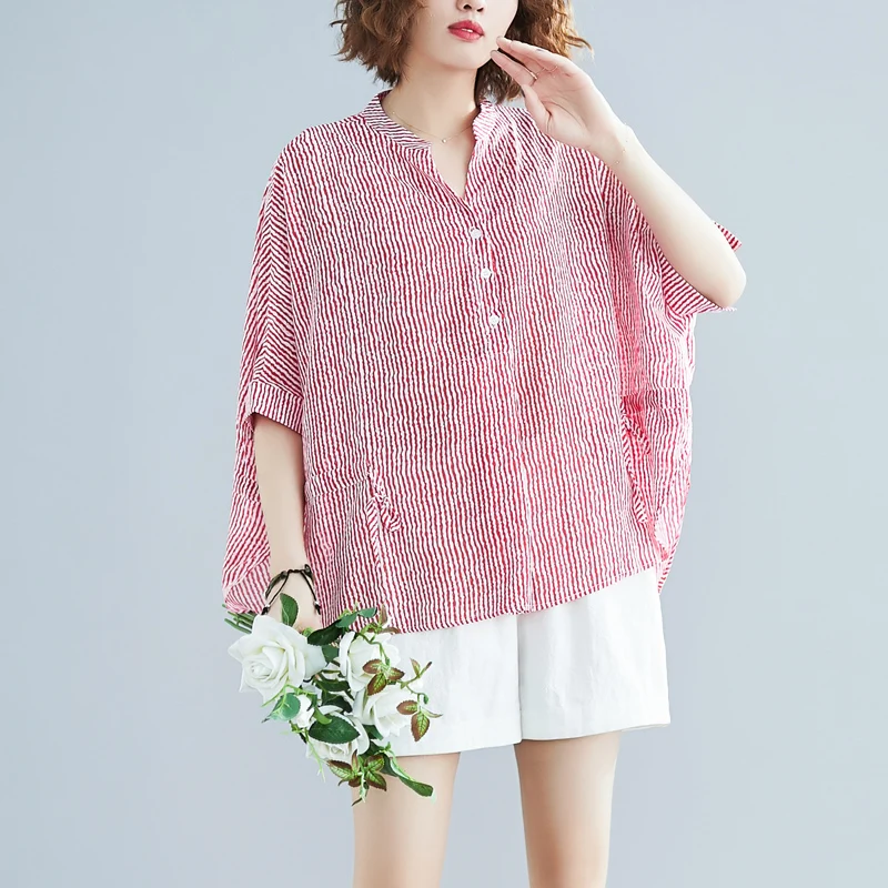 Женские свободные блузки большого размера Blusa летние полосатые тонкие с рукавами
