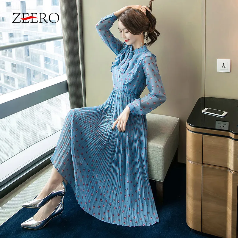 ZEERO Для женщин осеннее платье 2018 г. модные элегантные Dot печати оборками Bot рулевой