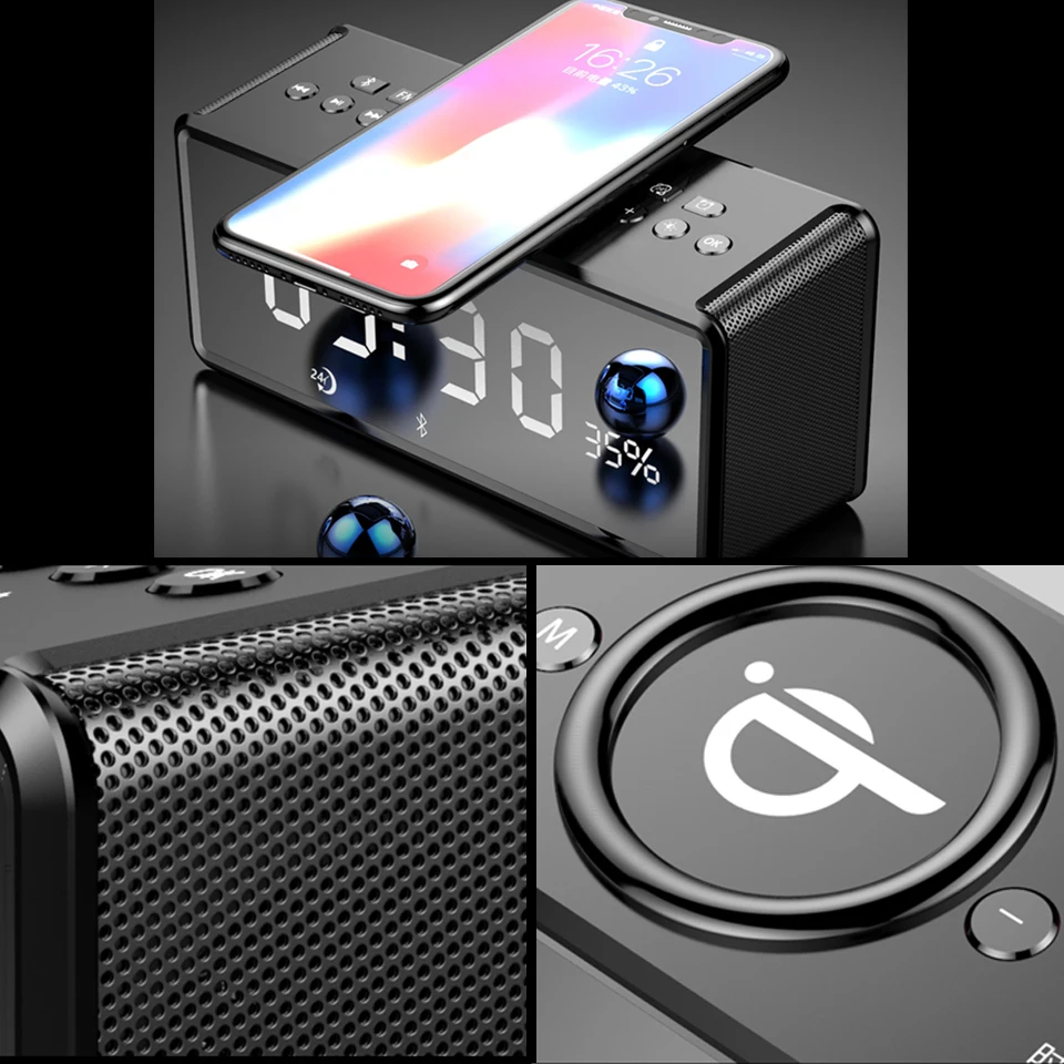 Будильник QI Беспроводная зарядка Bluetooth динамик беспроводной для телефонов BT