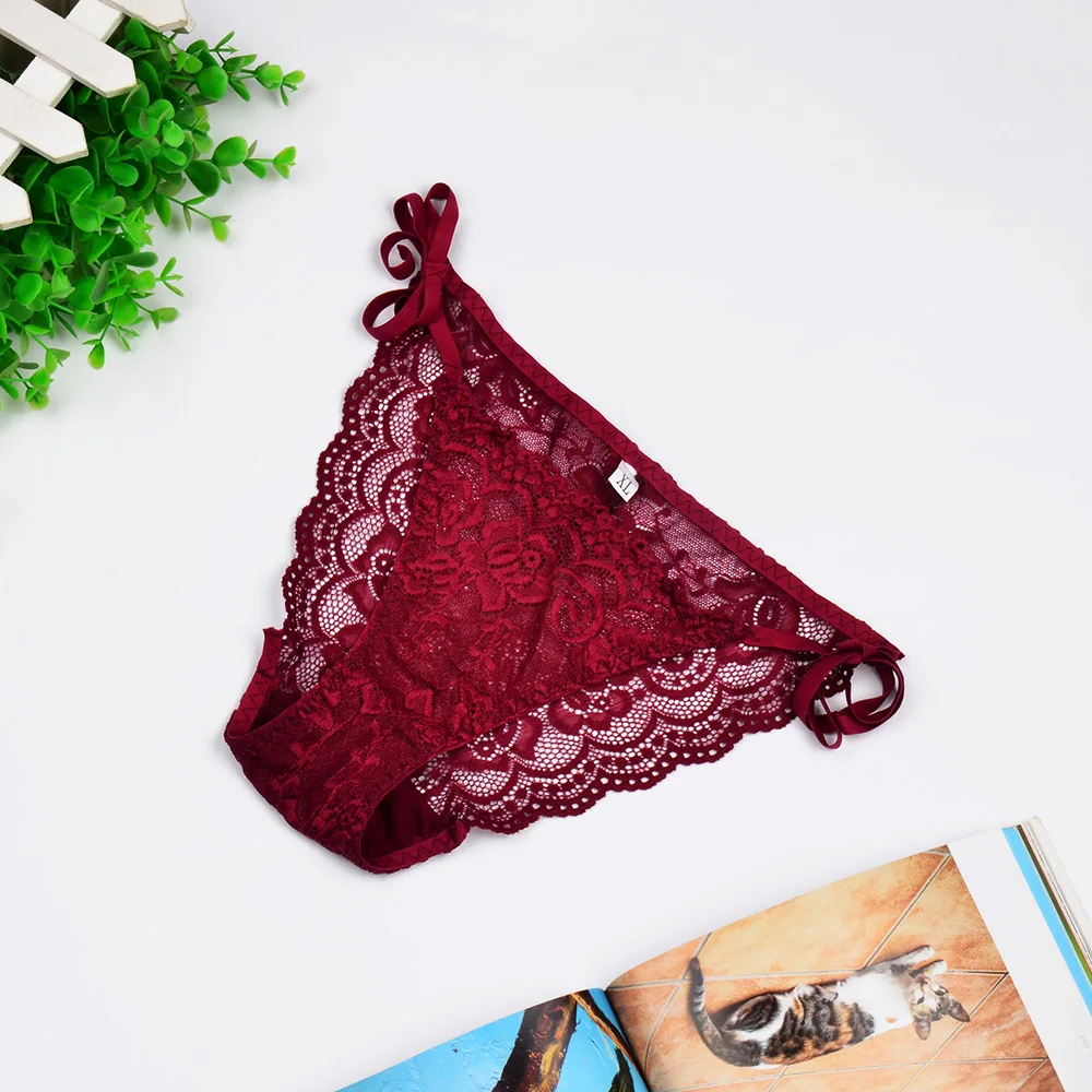 DeRuiLaDy Hot Sale New Lace Transparent Women Low Rise Sexy Underwear Panty Women's Bowknot Lace Crotch Briefs