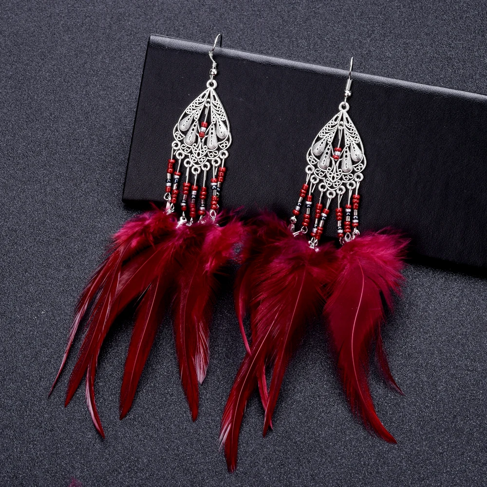LUBINGSHINE сережки с кисточками Boho Длинные красные синие белые серьги-капли с перьями для женщин винтажные ювелирные изделия ручной работы