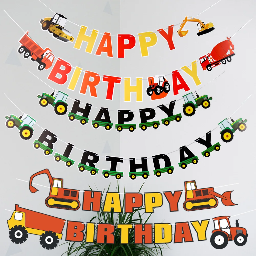 

Happy Birthday Banner Engineering vehicle tractor Car Bunting Hang Garland Party Decor Banner Party Decorations