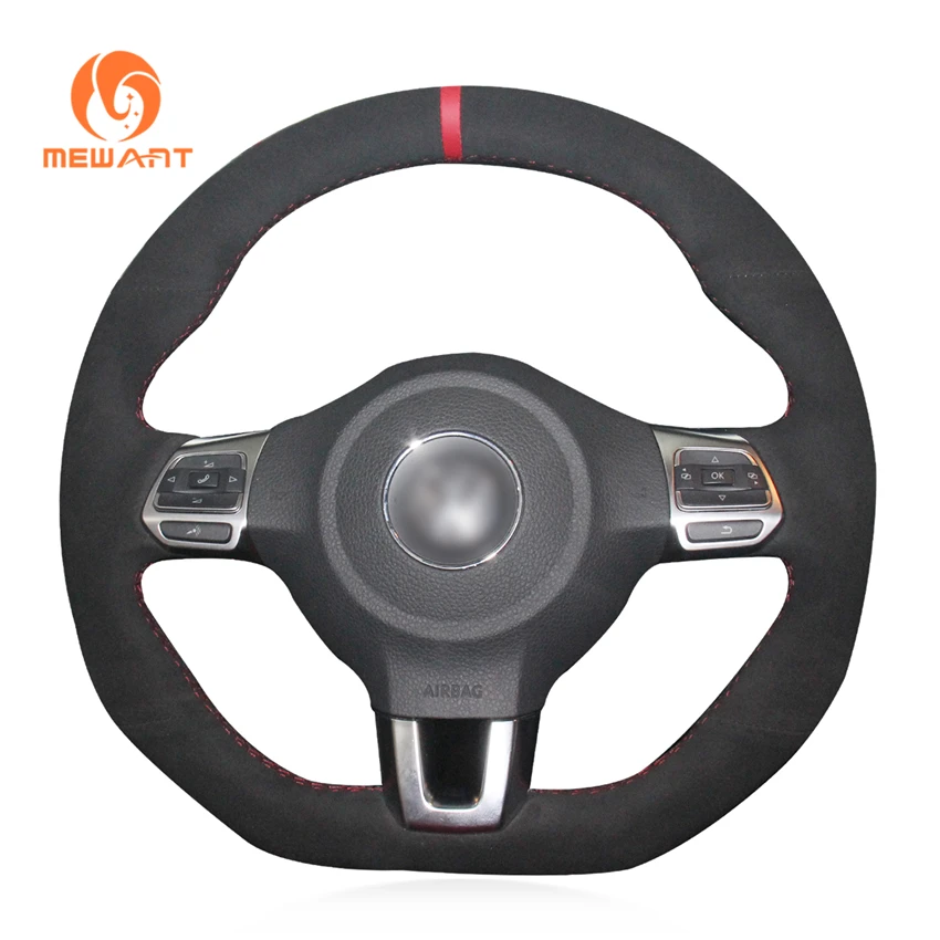 Чехол на руль MEWANT из черной замши и натуральной кожи для Volkswagen VW Golf 6 (VI) GTI Polo (R-Line)