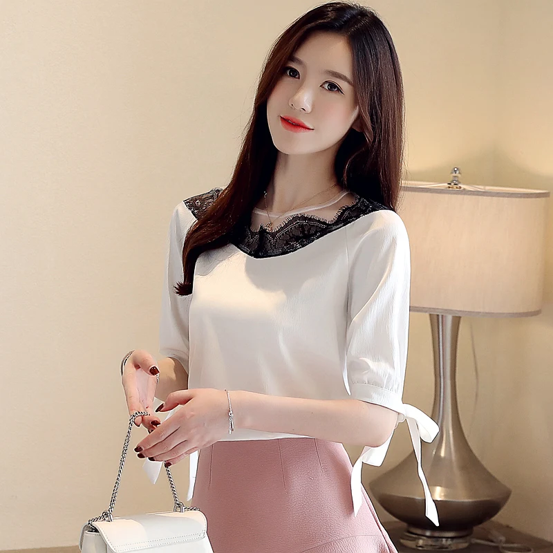 Блузки женские 2019 Топ коротким летние Однотонные рукавом блузки шифон кружева