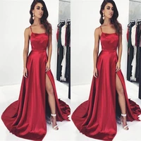 simple elegant dark red sexy straps spaghetti prom dresses 2021 a line satin high split formal party evening gowns cheap