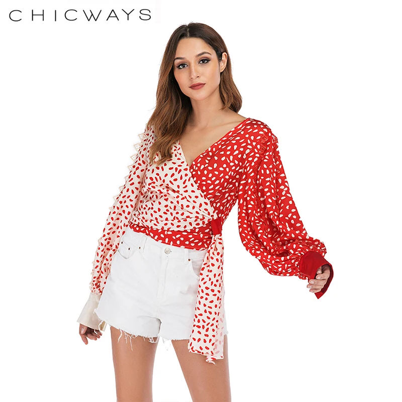 Chicways цвет блока горошек Шелковый Атлас Дамы Вязаная блуза с запахом v-образным