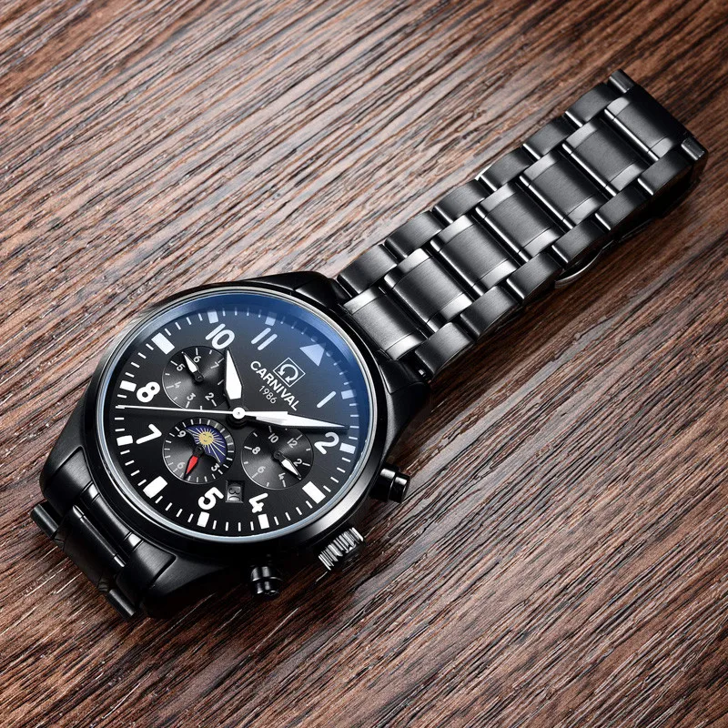

Carnival Luxury Brand Moon Phase Business Mens Mechanical Watches Waterproof 100M Steel Automatic Luminous Wristwatch Clock