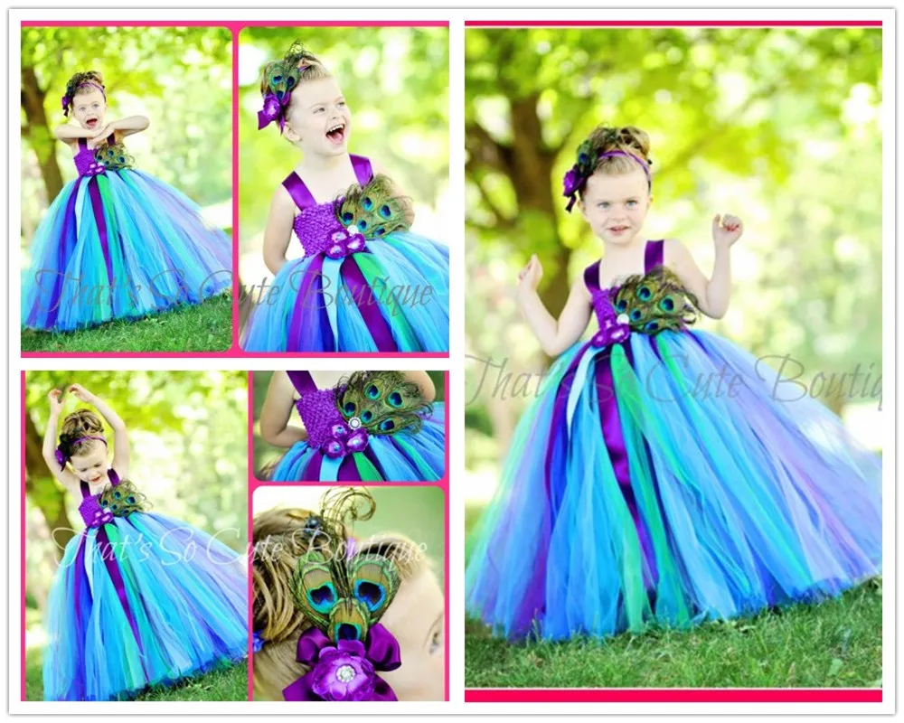 Peacock Princess Tutu Dress Flower Feathers Girl Party Dress Kids Pageant Ball Gowns for Girls Wedding Halloween Dress Costume