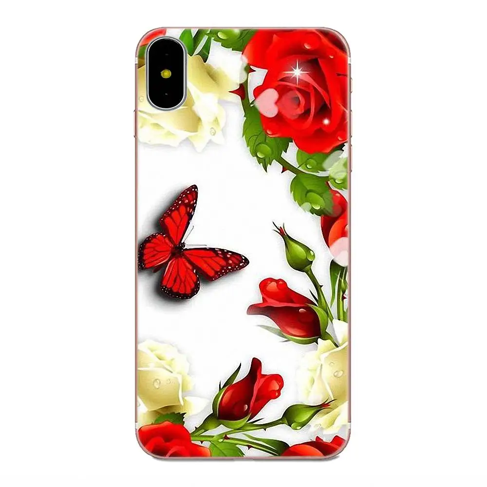 Мягкий защитный чехол из ТПУ с бабочками на белых розах для Apple iPhone 4 4S 5 5C 5S SE 6 6S 7 8