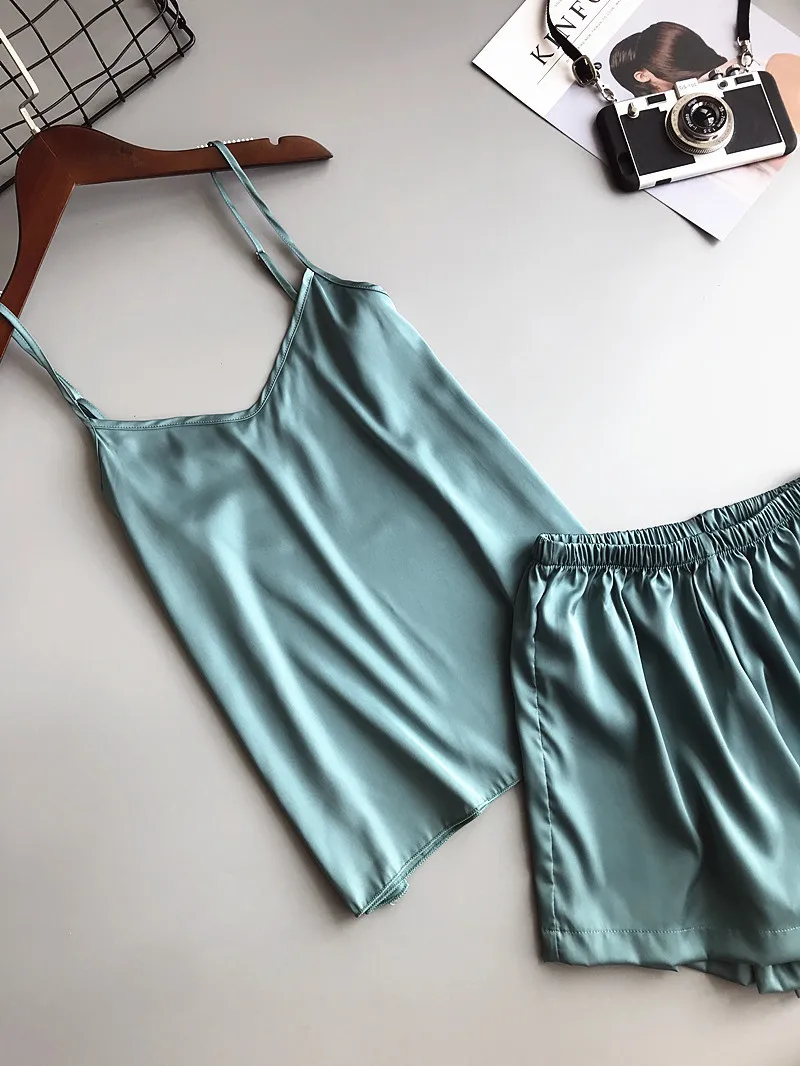 Ледяной шелк Twinset корейский сплошной цвет Женская кофточка от пижамы пижамный комплект Женский Летний жилет шорты костюм