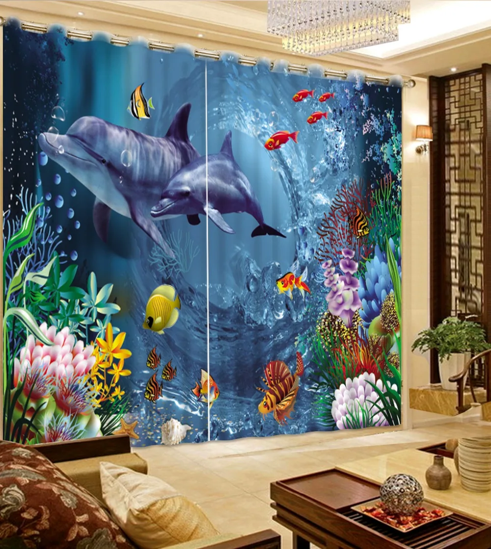 

New Fashion Sheer Curtains 3D Photo Understand World Dolphin Curtain Moden beautiful decorative curtain For Kids room