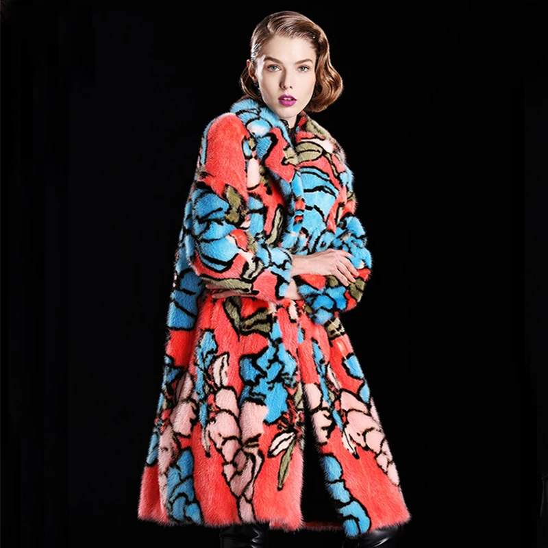 LVCHI 2019 new Flower Pattern Women Winter Mink Coat Fashion Female Boho Casual Visone Warm Fur Bohemian Mink Fur Coats