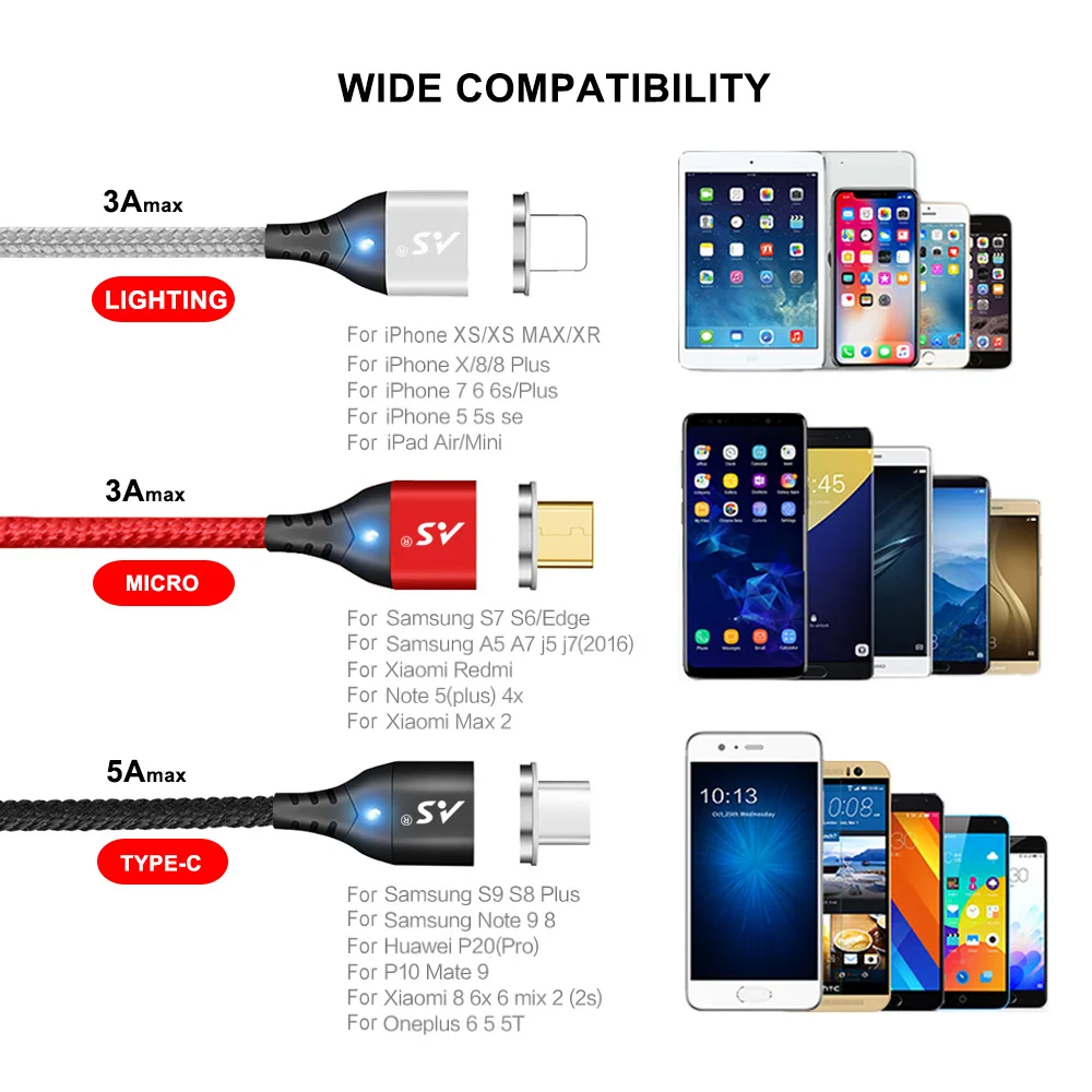 A.S светодиодный магнитный кабель для Lightning Micro USB Type C телефонный кабель для iPhone X 8 7 6 5 Xiaomi 1 м Магнитный зарядный кабель для телефона