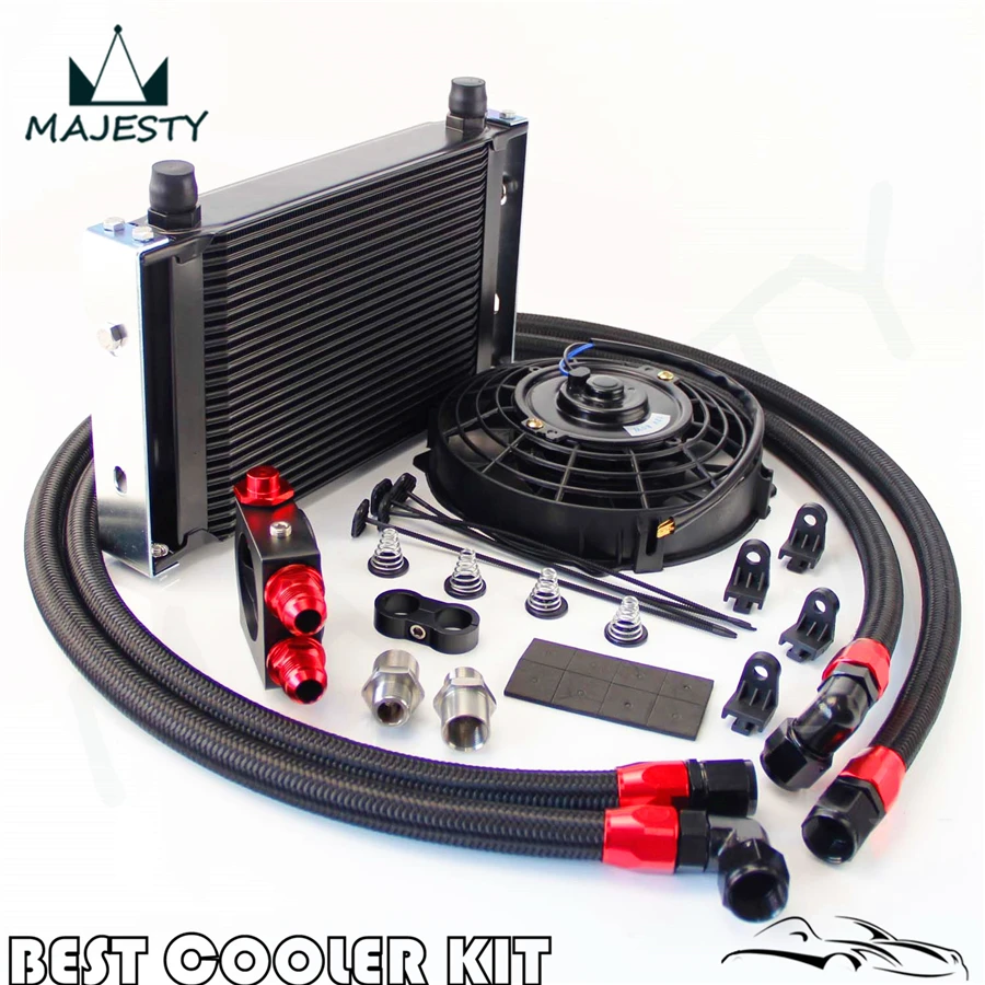 Universal AN10 25 Row Oil Cooler Thermostat Sandwich +7&quot Electric Fan kit |