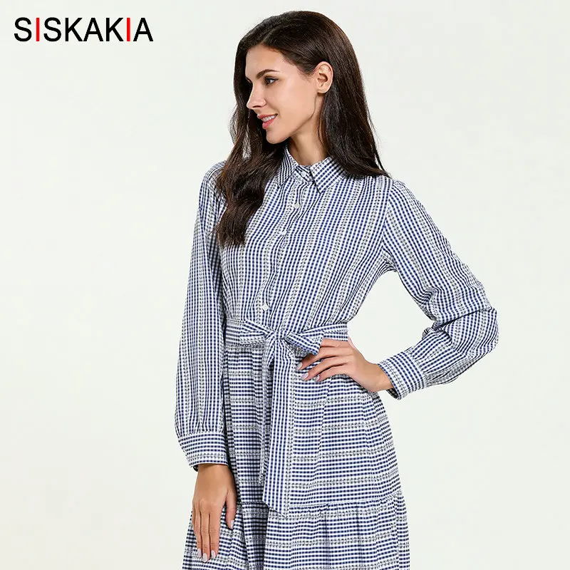 Gray dress Siskakia платье-рубашка, длинное винтажное клетчатое лоскутное платье макси, офисное женское платье с отворотом и длинным рукавом, однобортная одежда для кормления, новинка - Цвет: Gray dress