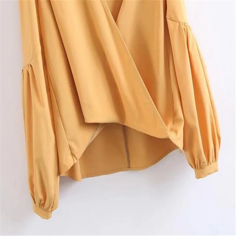 С пышными рукавами крест v образным вырезом с запахом топы blusa пикантные женские