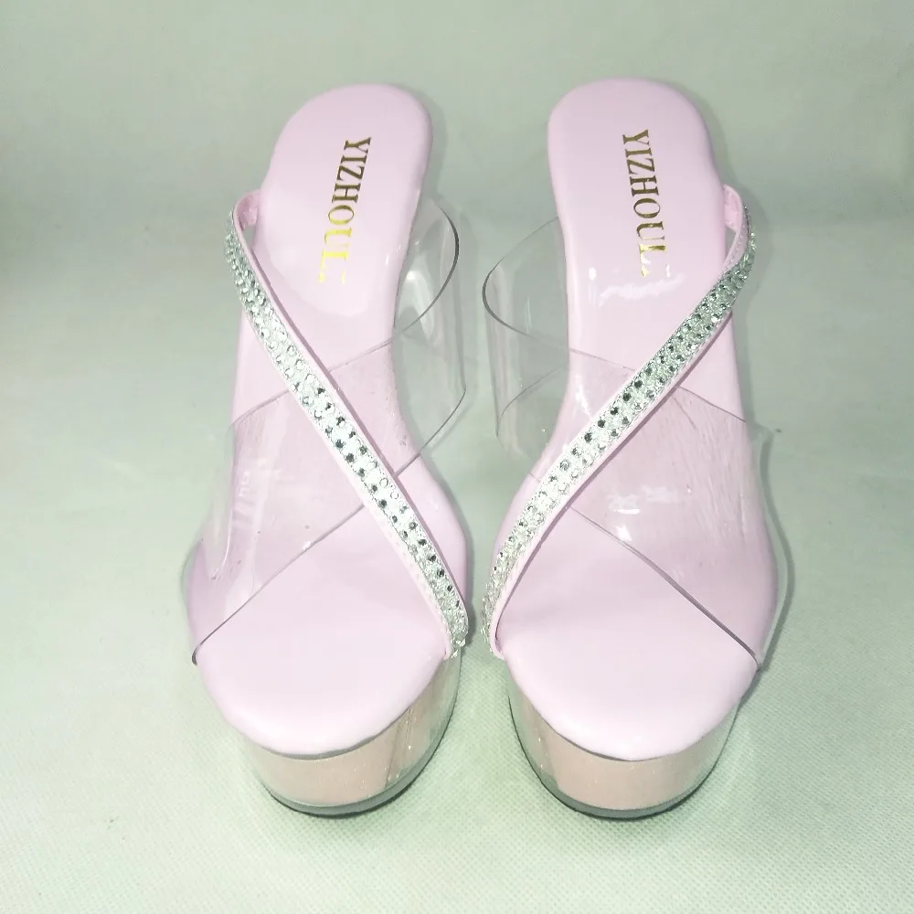 Crystal bottom cold slippers water diamond decorative transparent women's shoes 15cm high heels pink performance Dance Shoes | Спорт и