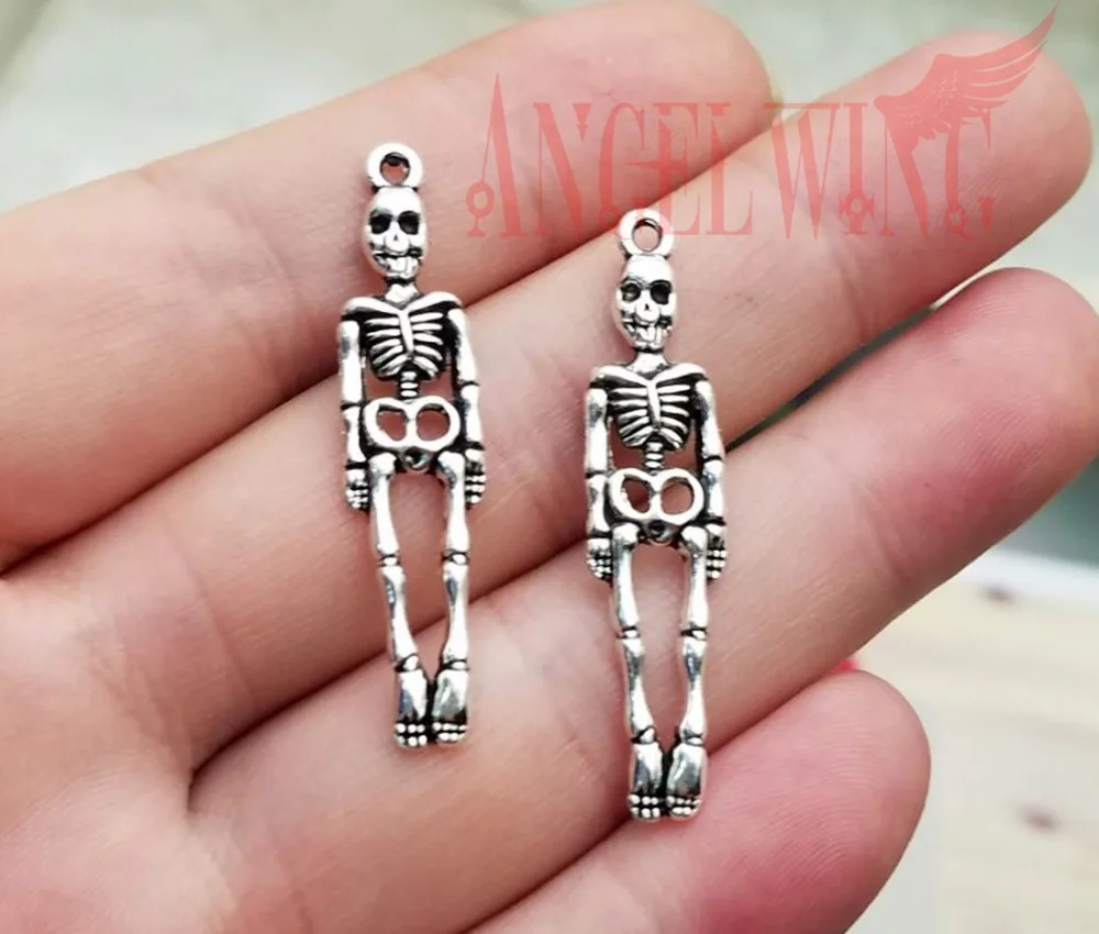 

30pcs/lot--7x38mm Antique Silver Plated Skeleton Charms Skull Halloween Pendants For DIY Supplies Jewelry Making Accessories