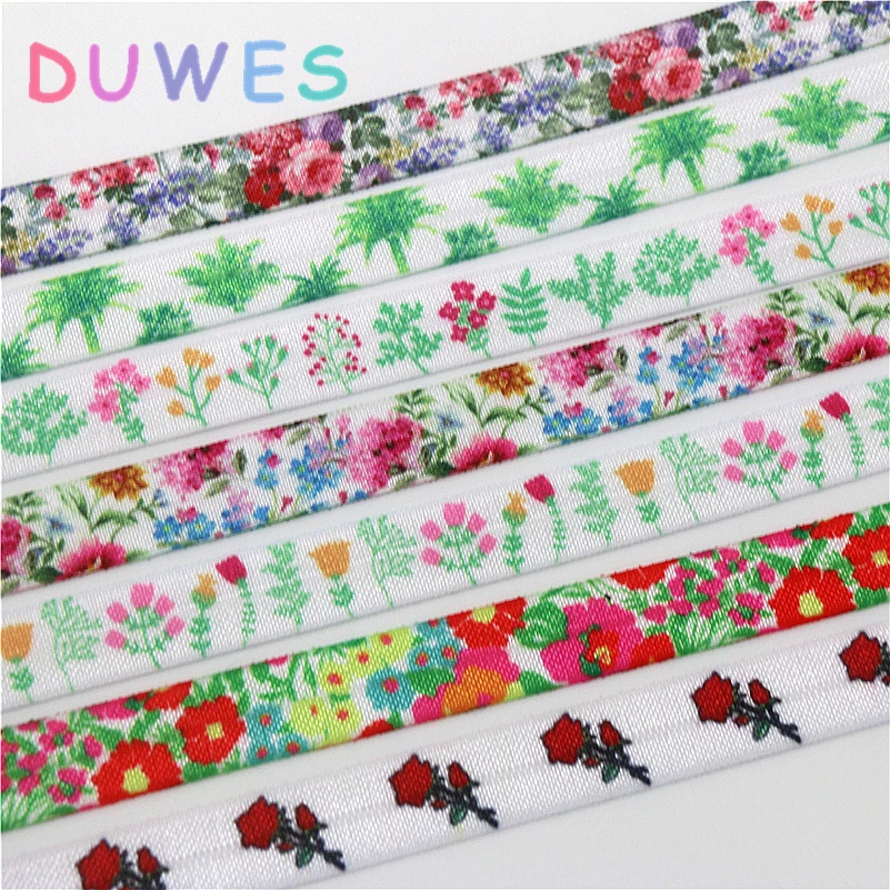 

DUWES 5/8'' 50yards flowers printed Fold Elastic FOE stretch ribbon hairbow headwear headband DIY OEM D1080