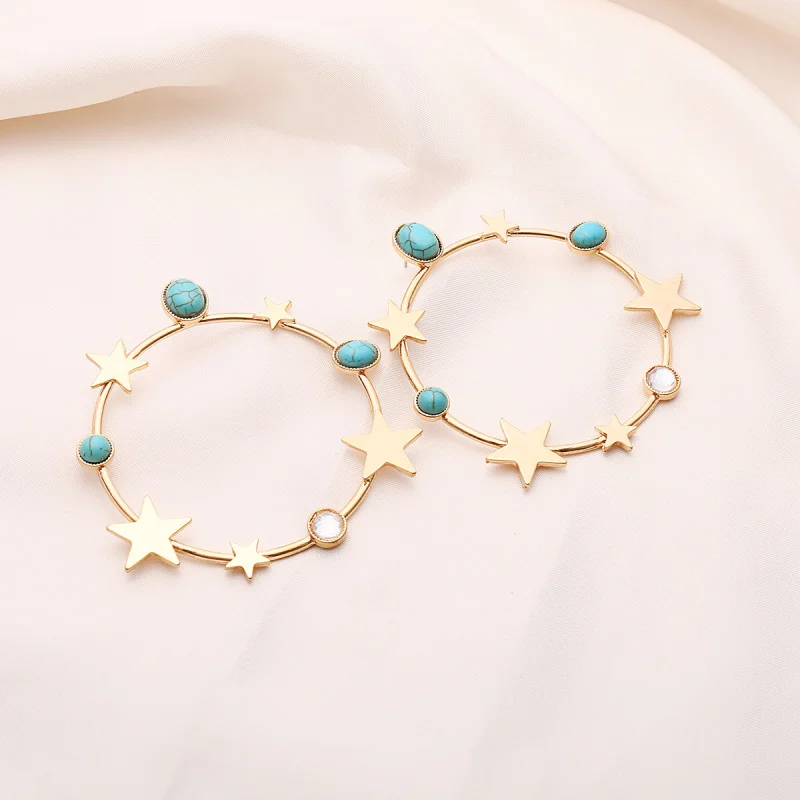 JLWER Jewelry Silver Gold Blue Stone Big Circle Round Hoop Earrings Basketball Creole Five pointed Star Stud for Women | Украшения и