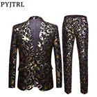Мужской приталенный костюм PYJTRL, свадебный костюм-смокинг золотистого цвета с цветочным рисунком и брюками, размеры до 5XL