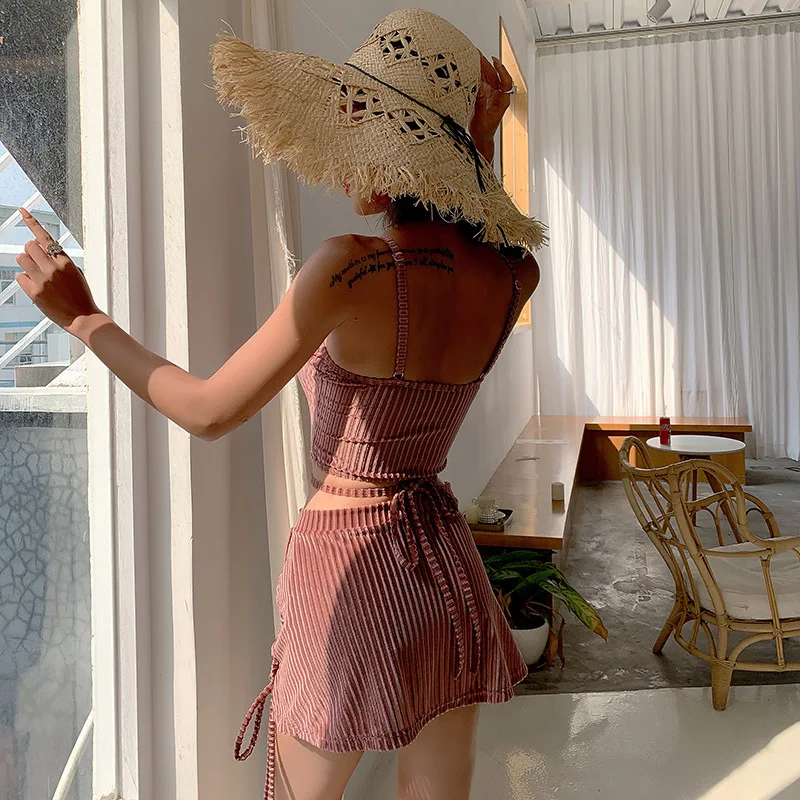 Swimsuit Women Bathing Suit Swim 2019 New Summer Clothes For Korean Vintage Velvet Split Girl Tied Skirt High Waist Beach | Спорт и