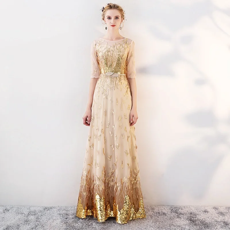 Gold Dress Золотые вечерние платья Длинные Новые Элегантные трапециевидные вечерние платья в пол с круглым вырезом и блестками Роскошные вечерние платья для женщин - Цвет: Gold Dress